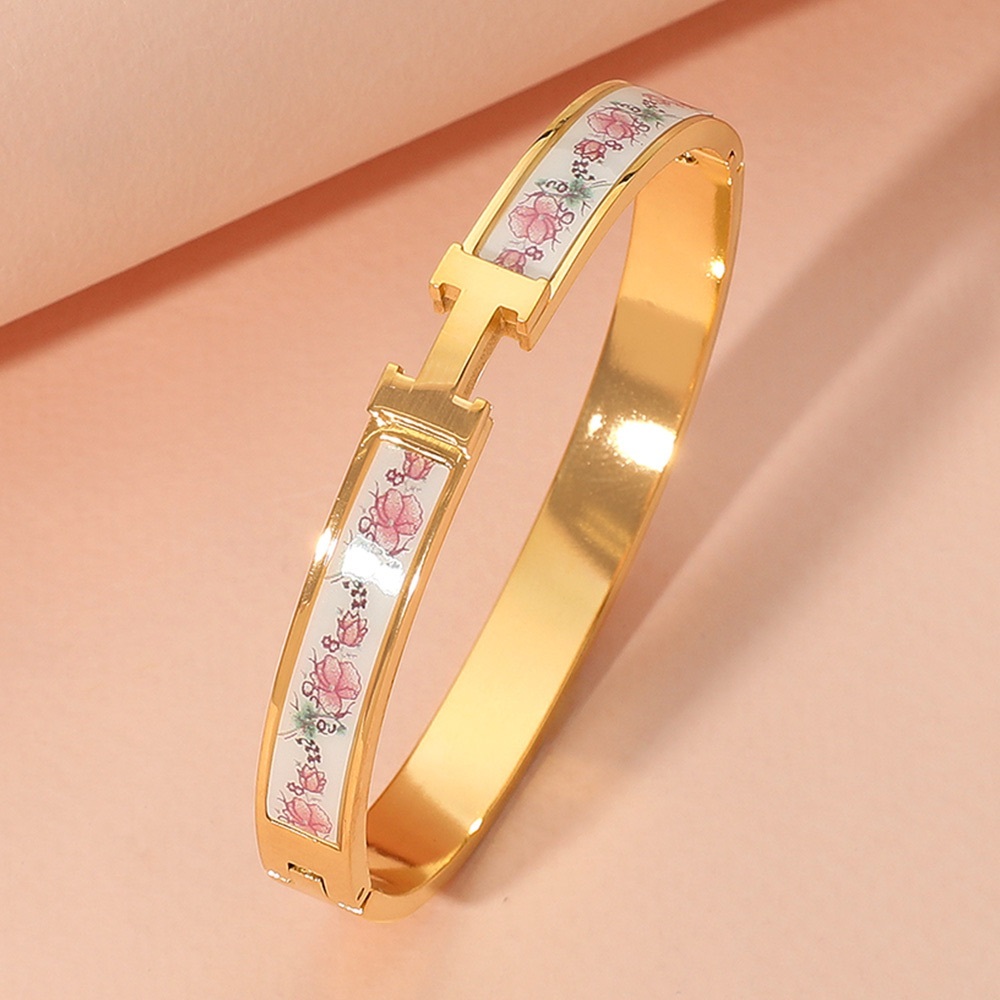 Stainless Steel Monogram H Flower Print Hinged Bracelet